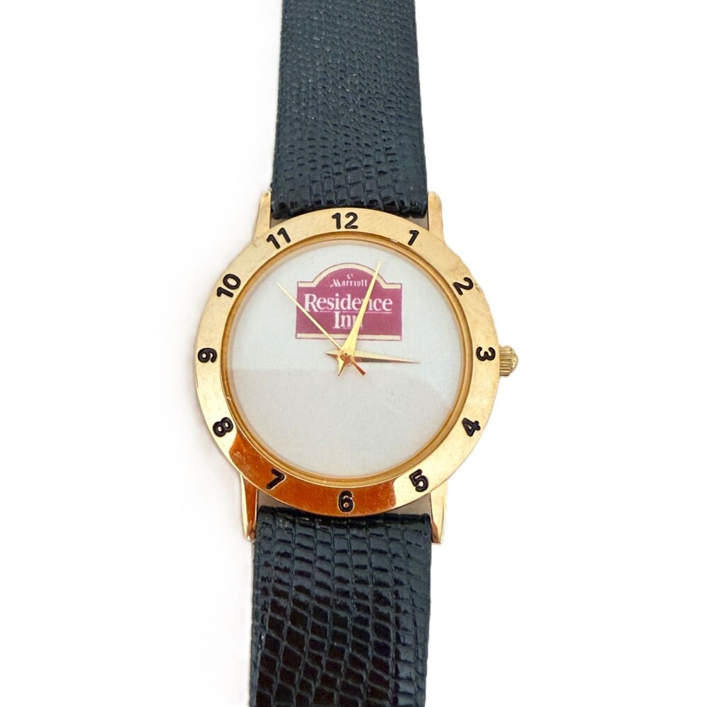 Vintage Marriott Residence Inn Promo Watch Gold Tone Black Strap New Without Box